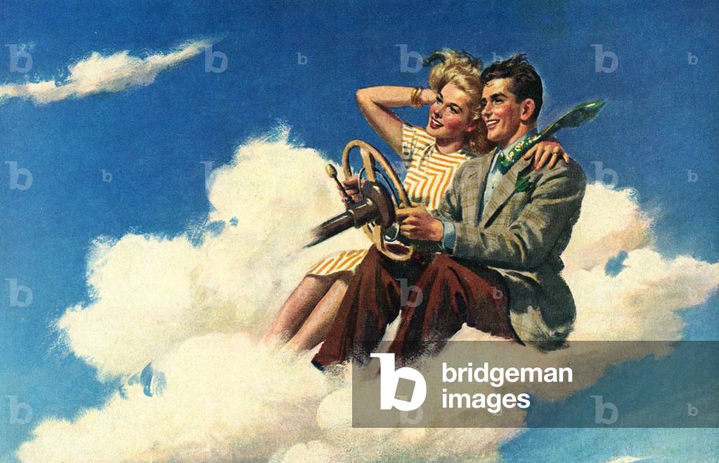 Illustration of Couple Driving in Clouds, 1950s (screenprint)