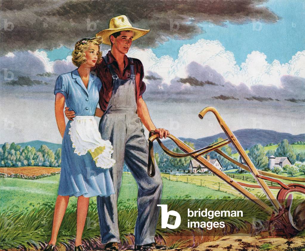 American Couple Standing with a Plow on their Rural Farm, 1943 (screenprint)