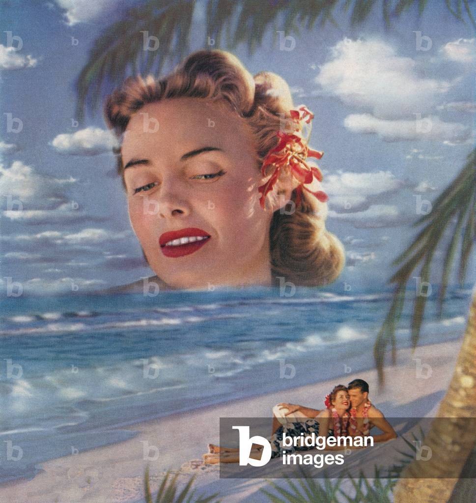 Couple on a Hawaiian Beach with a Giant Woman Looming Over Them, 1956 (screen print)