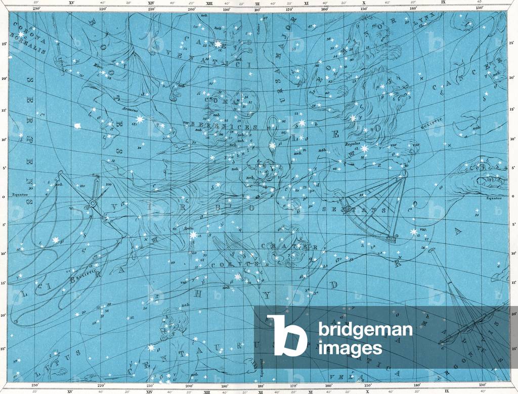 Star Map with Constellations Leo, Virgo, Libra, and Leo Minor, 1922 (colour litho)