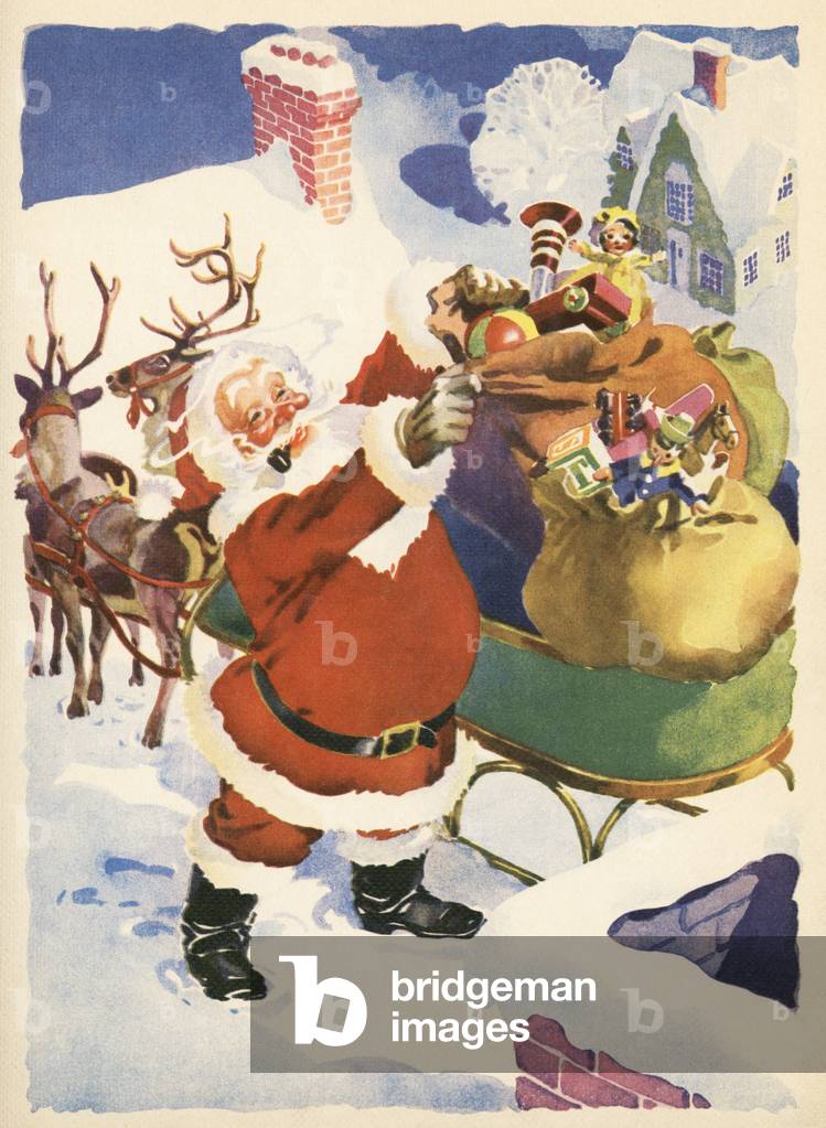 Santa and His Bags of Toys on Christmas Eve, 1935 (colour litho)
