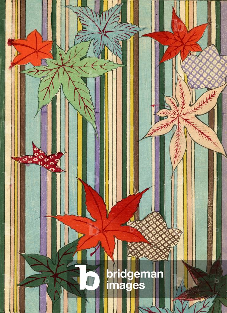 Illustration of Autumn Leaves on a Striped Background, 1880s (colour woodblock print)