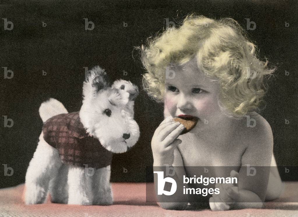 Child Eating a Cookie Next to Her Stuffed Dog Toy, 1933 (screen print)