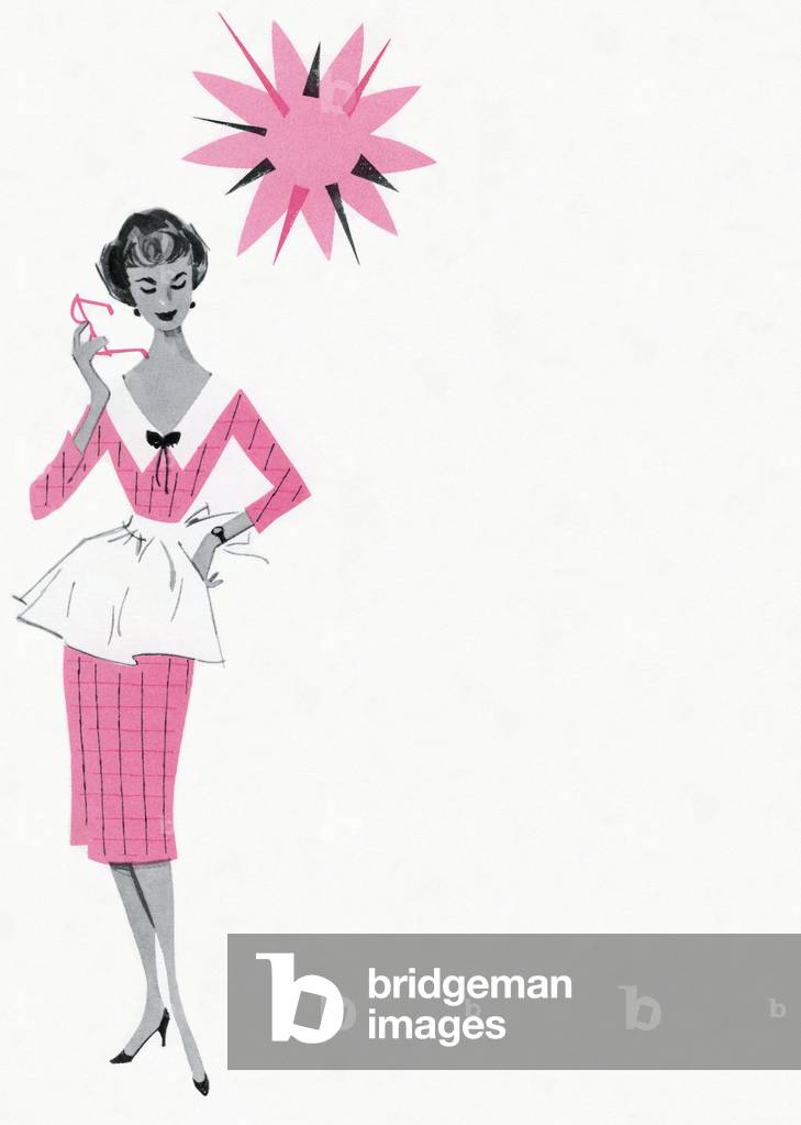 Vintage Housewife Posed in Pink and White, 1950s (screenprint)