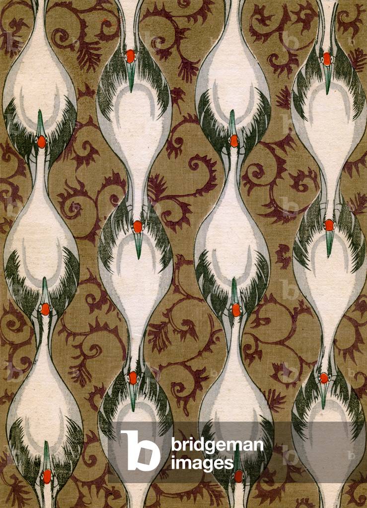 Cranes Flying in an Abstract Pattern, 1882 (colour woodblock print)