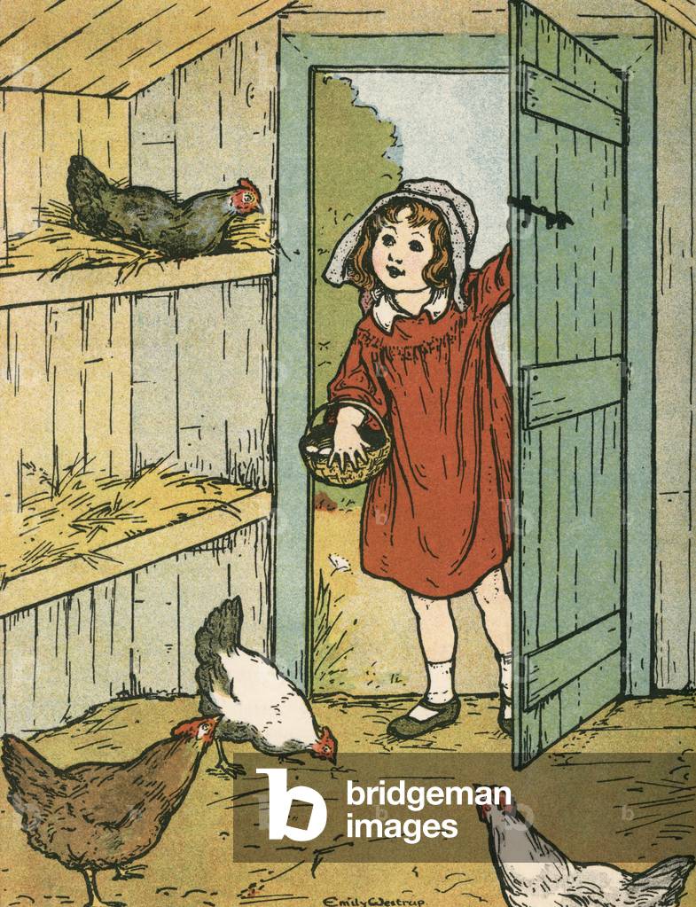 Young Girl Gathering Eggs in the Chicken Coop, 1909 (colour litho)
