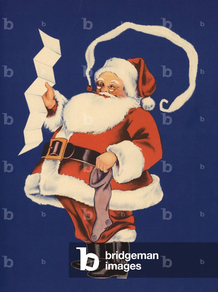 Santa With His List of Boys and Girls Who've Been Naughty and Nice, 1941 (colour litho)