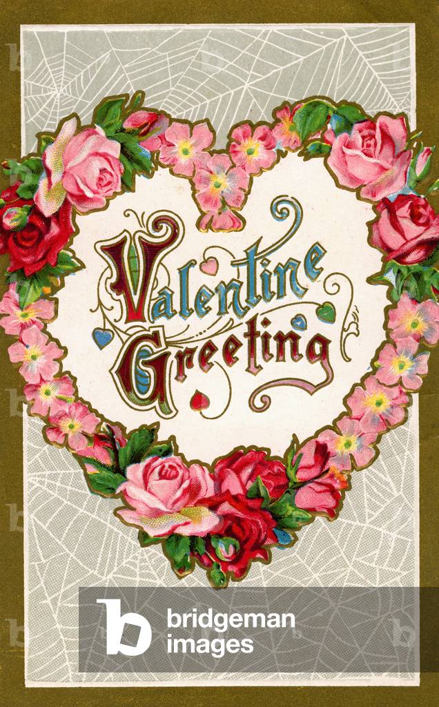 Valentine Greeting with Heart-Shaped Flower Garland, 1910s (chromolitho)
