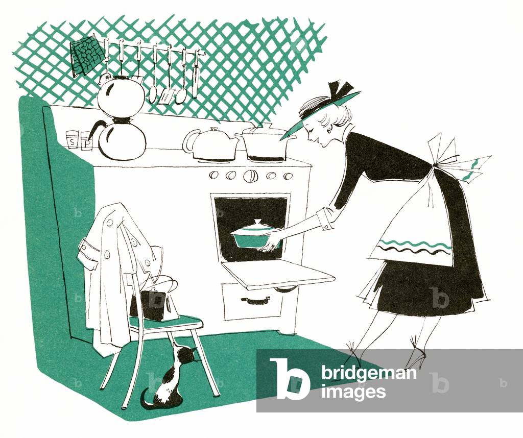 Housewife Gets a Casserole in the Oven for Dinner, 1954 (colour litho)
