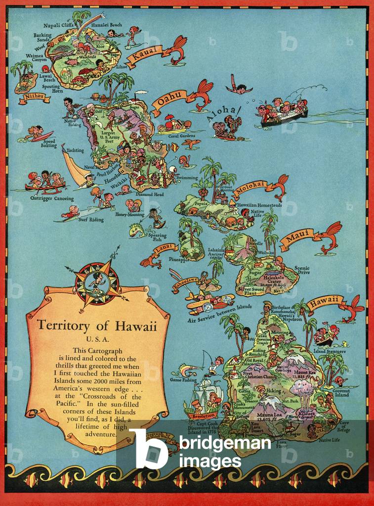 Vintage Tourist Map of Hawaii, 1930s (color print)