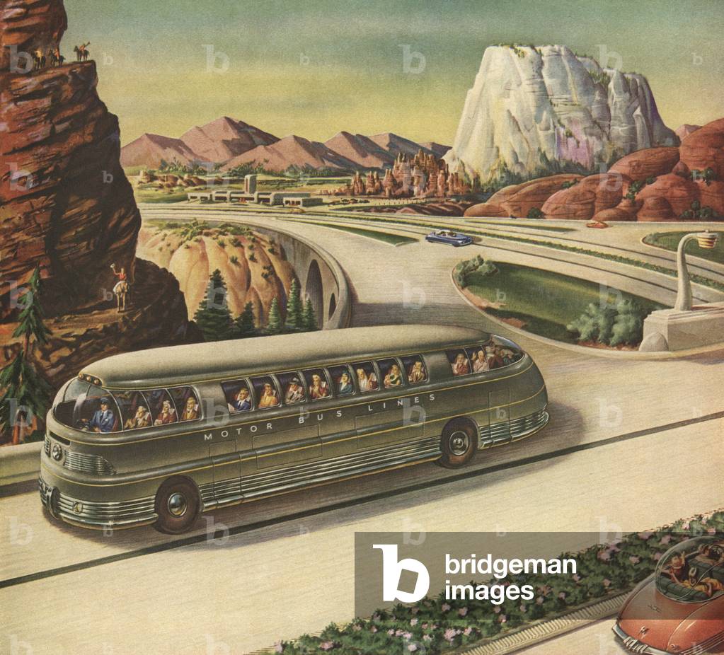 Futuristic Passenger Bus Travelling on a Highway in the American Southwest, 1942 (screen print)