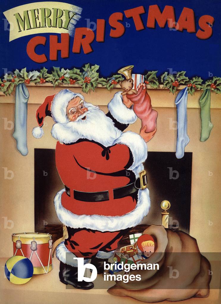 Santa Stuffing Stockings with Toys on Christmas Eve, 1941 (colour litho)