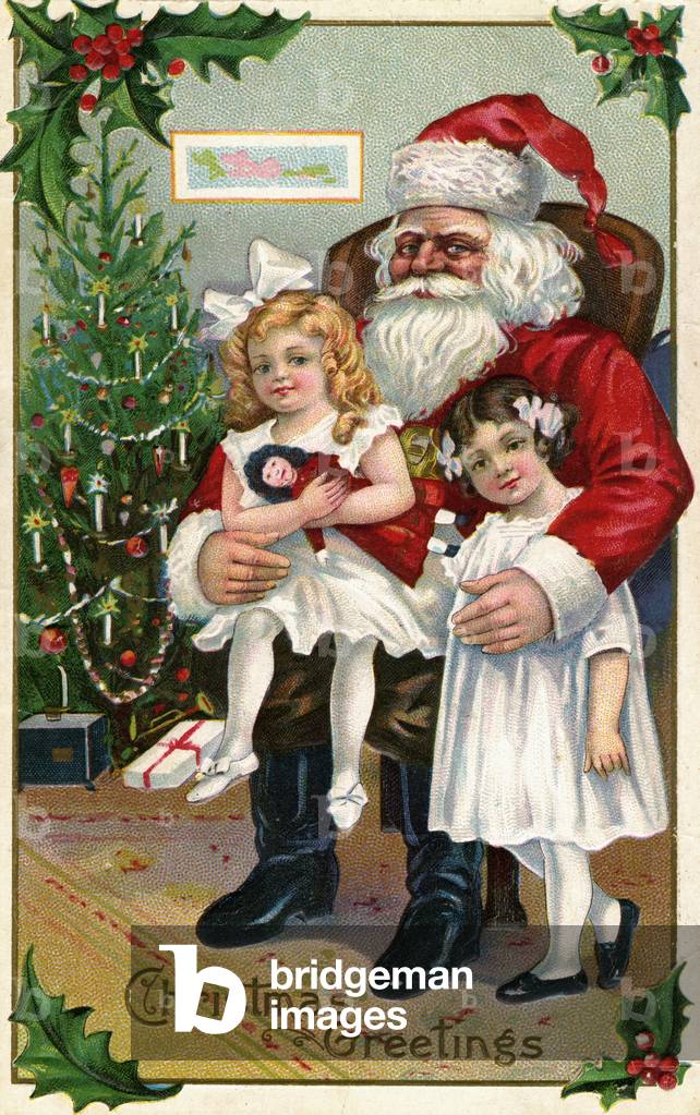 Two Victorian Girls with Santa Claus, 1900 (chromolithograph)