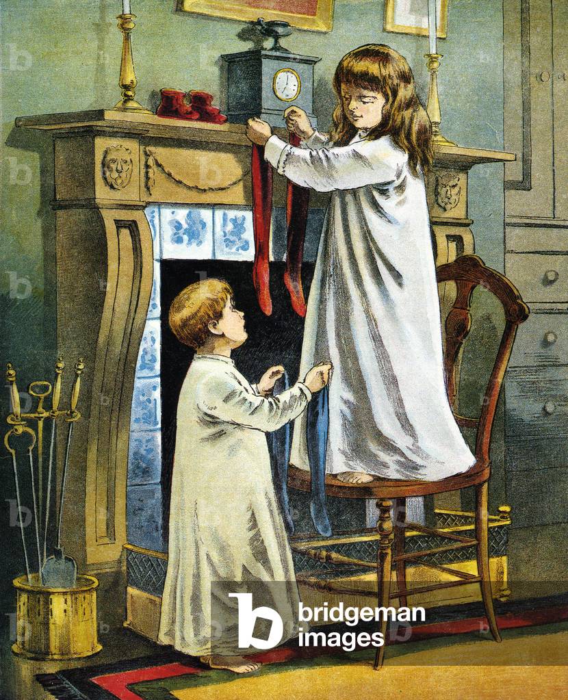 Boy and Girl Place Stockings on Their Fireplace Mantle on Christmas Eve, 1918 (lithograph)