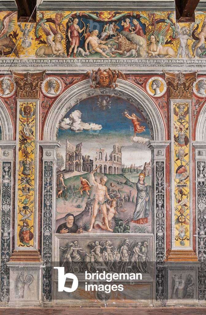The astrological sign of Cancer, with Hercules slaying the Lernaean Hydra while Juno observes him, Chamber of the Zodiac (Camera dello Zodiaco), 1515