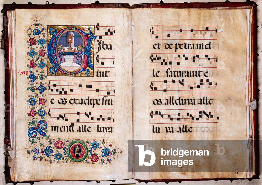 Piccolomini Library: choir book,  cod.  101.7, ff. 63v-64r with “Corpus Domini”, by  Pellegrino di Mariano.