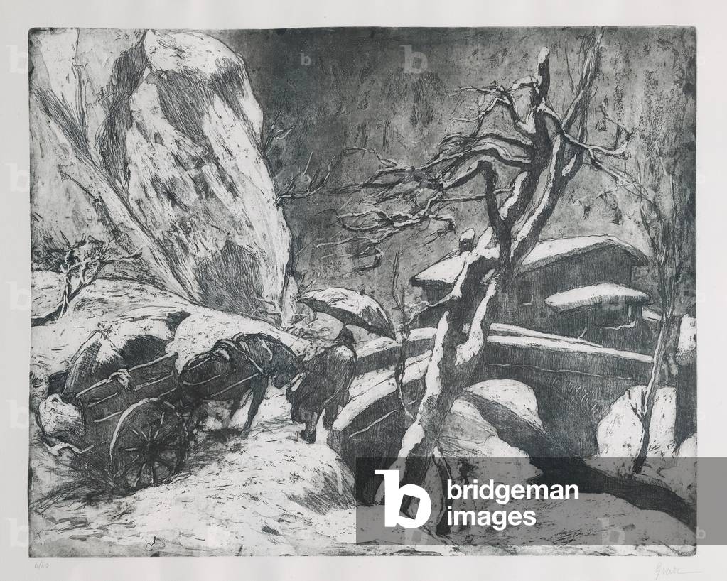 Snowfall in the Mountains (etching and aquatint on paper, plate)