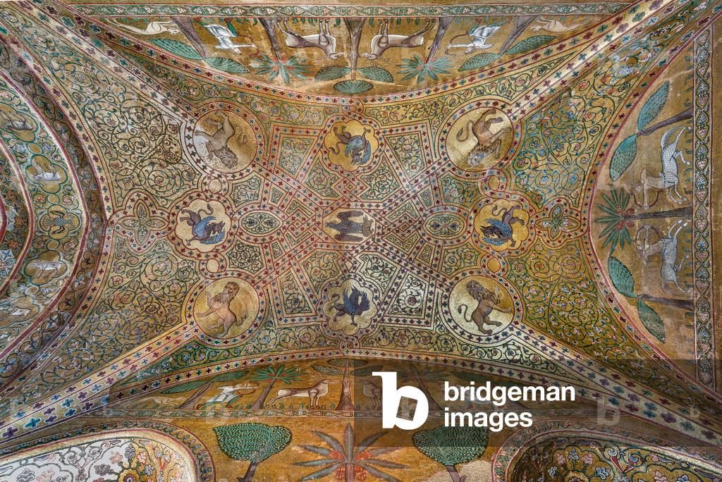 Palermo, The Royal Palace or Palazzo dei Normanni (Palace of the Normans), Pisana Tower, the King Roger Room, the vault: the decoration of the vault with mosaics of animals. These mosaics date back to the period of Frederick II