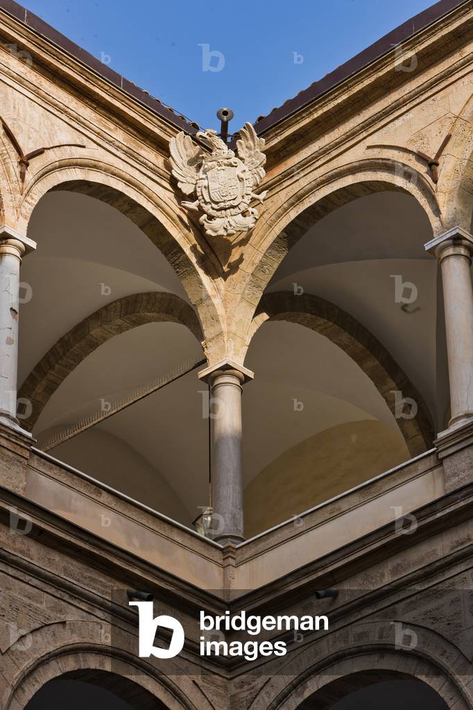 The Maqueda Courtyard: detail with the Borbone emblem representing an eagle, The Royal Palace or Palazzo dei Normanni (Palace of the Normans), Palermo, Sicily, Italy (photo)
