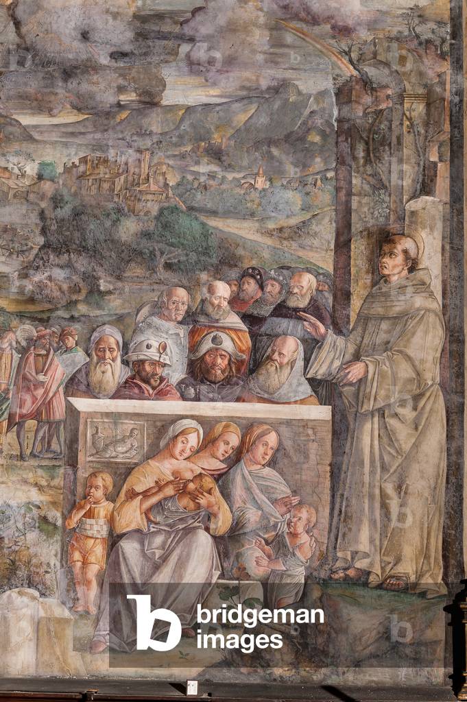 St Anthony arriving in Padua, where he restores peace between the citizens with the strength and sweetness of his preaching, School of the Saint, detail of 2196876, 1509 (fresco)
