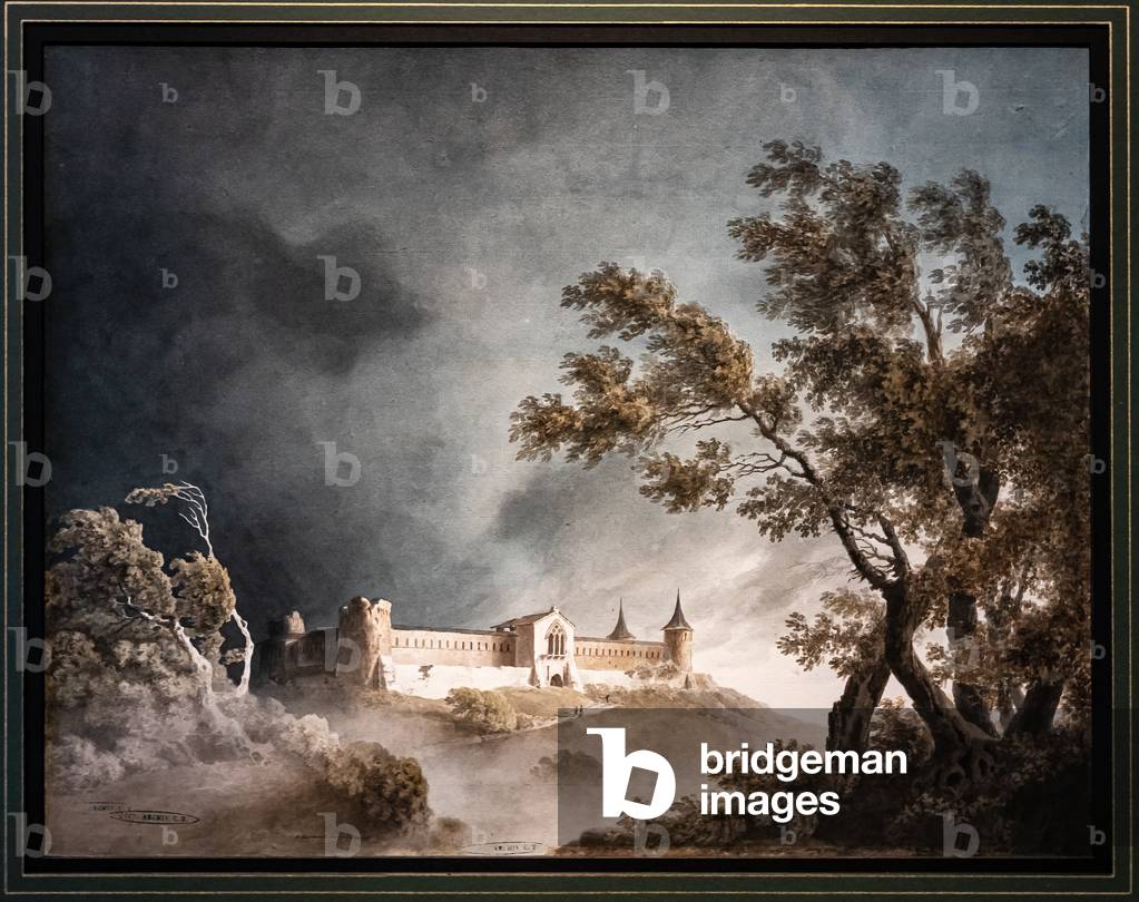 Landscape in the storm and castle, 1803 (pencil and w/c on paper)