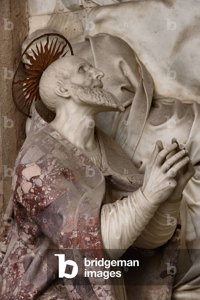 Pius V praying, detail of Mausoleum of St. Pius V (marble)
