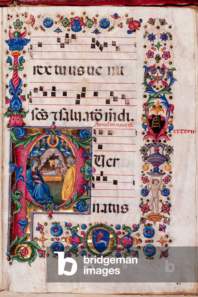 Piccolomini Library: choir book,  cod. 102.8, ff. 48r with “Nativity”, by  Pellegrino di Mariano.