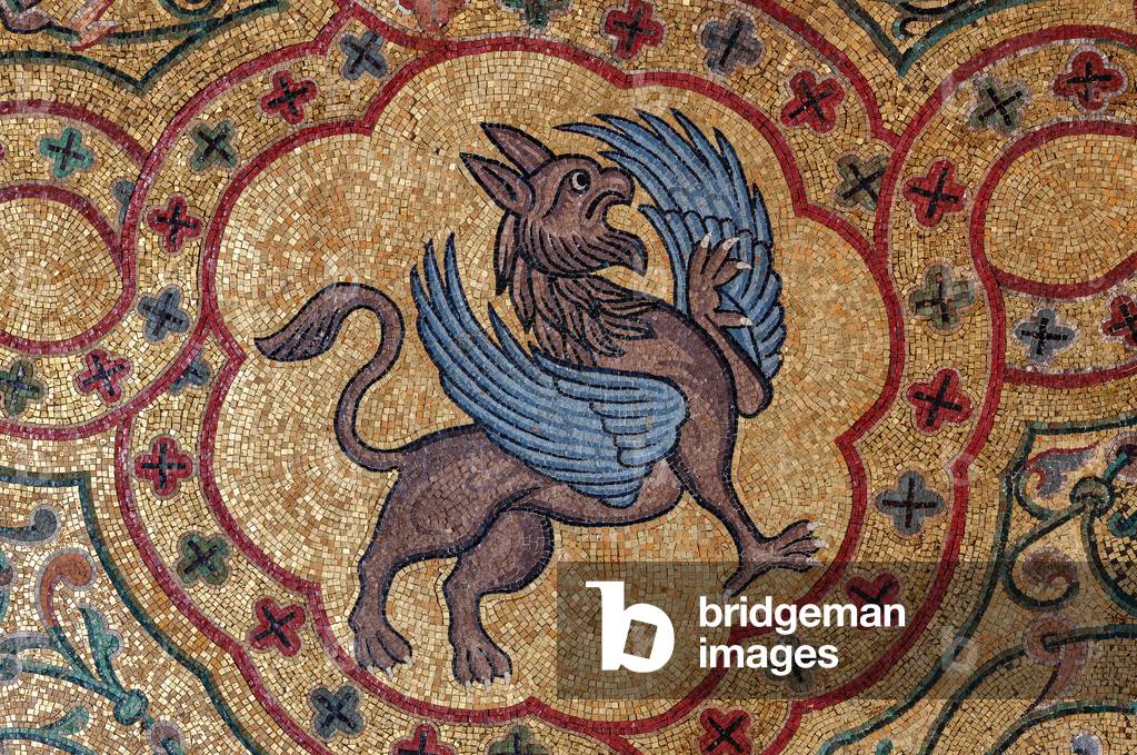 Palermo, The Royal Palace or Palazzo dei Normanni (Palace of the Normans), Pisana Tower, the King Roger Room: detail of the decoration of the vault with mosaics of animals. These mosaics date back to the period of Frederick II, detail with griffin