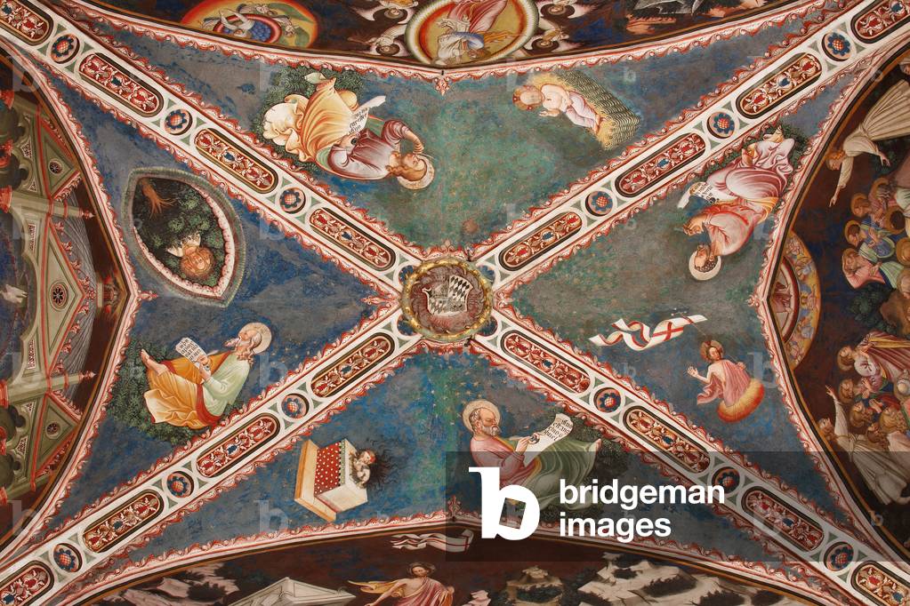 View of the vault with fresco representing the four Evangelists, the three faced Trinity and the Tree of Life, the Mystical Lamb, the blessing Infant Jesus in the manger and the Resurrected Christ, The Contrari Chapel, Vignola Stronghold, c.1420 (photo)