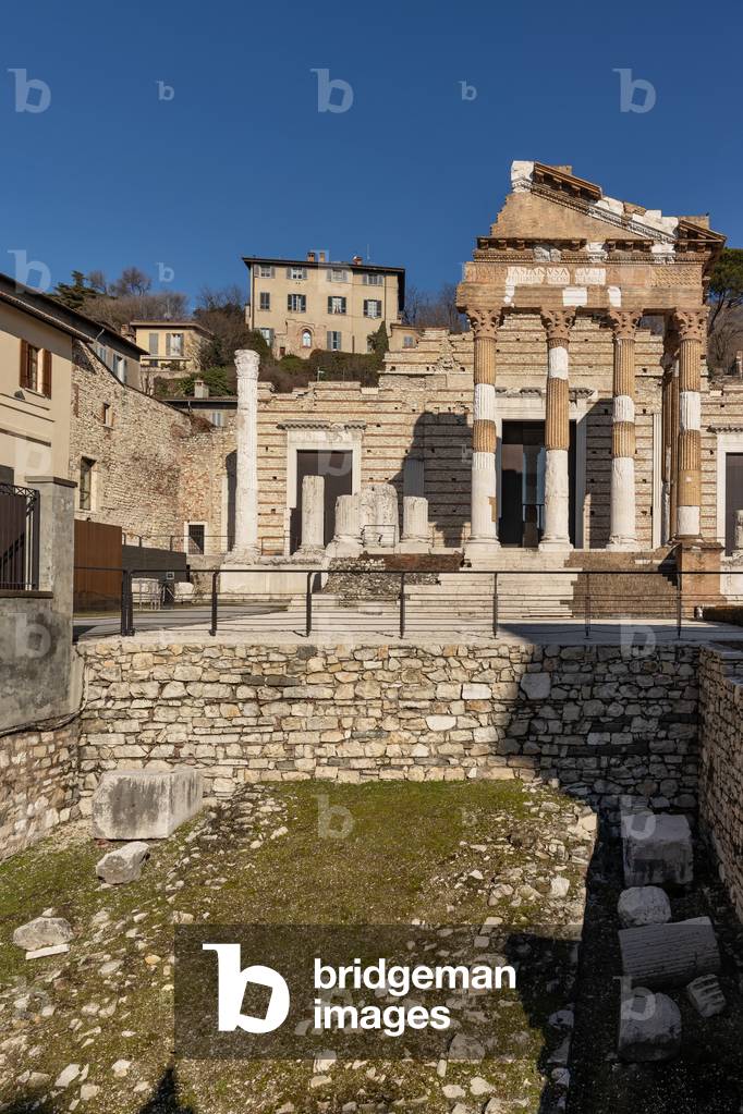 Brescia, the archaeological area of the Capitolium in the ancient Brixia, Unesco heritage since 2011: the Roman Forum and the Capitolium (73 BC), a temple dedicated to the Capitoline triad (Jupiter, Juno and Minerva).