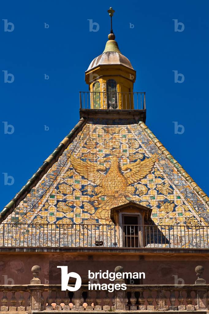 The Porta Nuova Tower and its pyramidal roof covered with polychrome majolica tiles, The Royal Palace or Palazzo dei Normanni (Palace of the Normans), Palermo, Sicily, Italy (photo)
