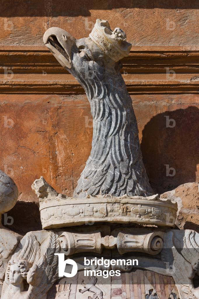 Detail of the coat of arms with an Aragon eagle on the main portal of the Renaissance wing, North-East side of The Royal Palace or Palazzo dei Normanni (Palace of the Normans), Palermo, Sicily, Italy (photo)