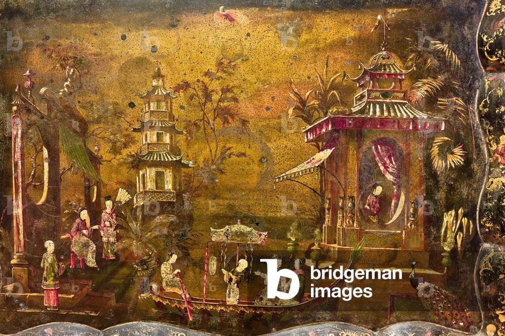 A tea table, detail of the top where there is a landscape with scenes of life in imitation of Chinese lacquers