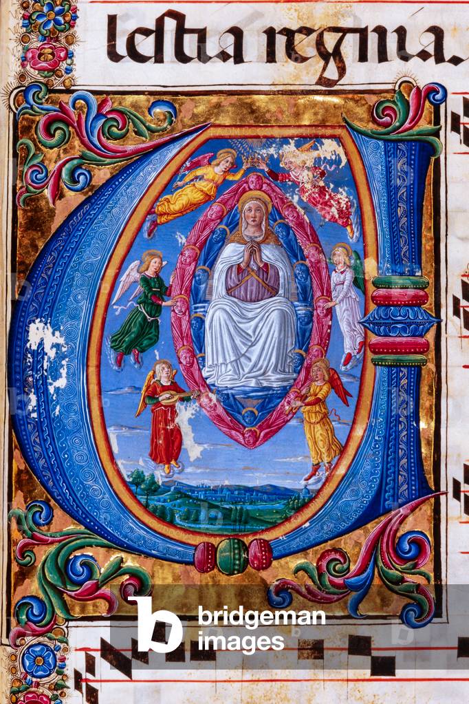 Piccolomini Library: choir book,  cod. 15.Q., ff. 64r with “Assumption of the Virgin”, by Guidoccio Cozzarelli and Bernardino Cignoni. Detail.