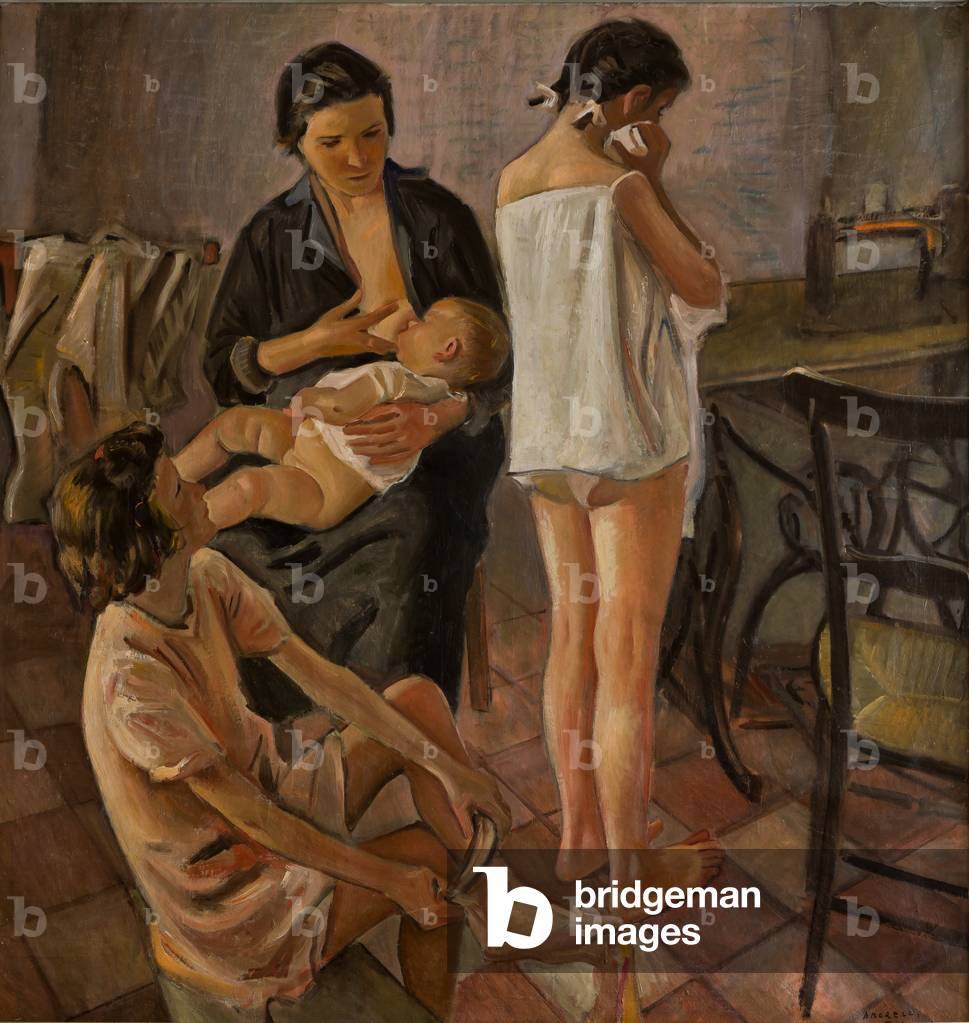 Mother breastfeeding her baby and two girls (oil on canvas)