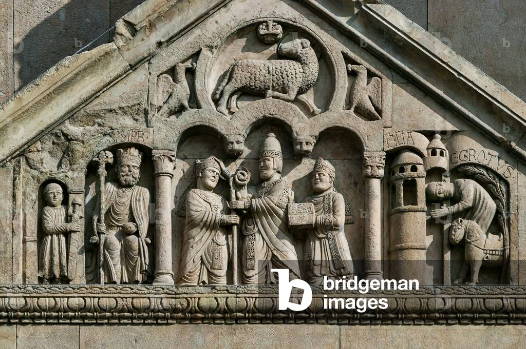 The emperor Charlemagne, with a warrior on his right, Pope Adrian II handing the mitre and the croiser to the archpriest of San Donnino and The miracle of the sick recovered by Domninus of Fidenza