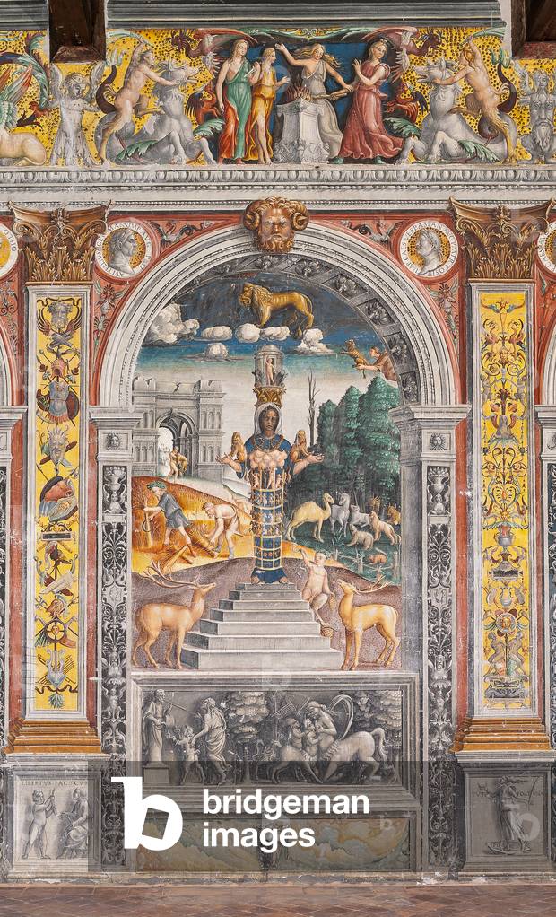 The astrological sign of Leo with Diana, two deers and a satyr as on a sarcophagus in Bleinhaim Palac; in the background the Arco degli Argentari in Rome and Hercules struggling against the Nemean lion, Chamber of the Zodiac (Camera dello Zodiaco), 1515