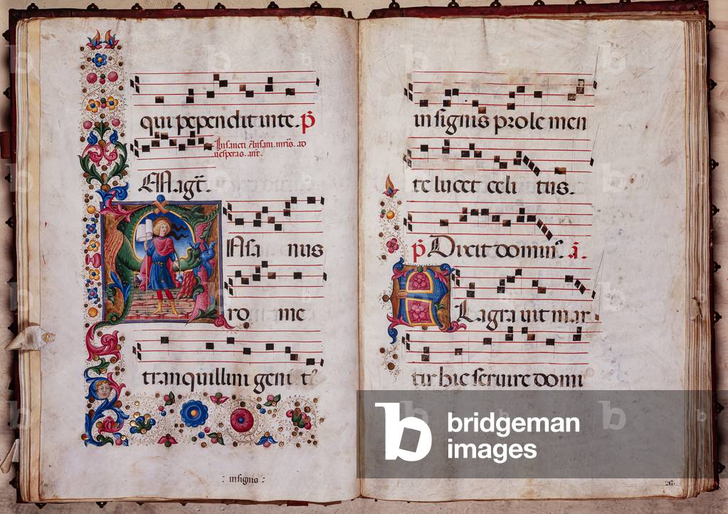 Piccolomini Library: choir book,  cod. 11.M, ff. 25v-26r  with “St. Ansanus”, by  Pellegrino di Mariano.