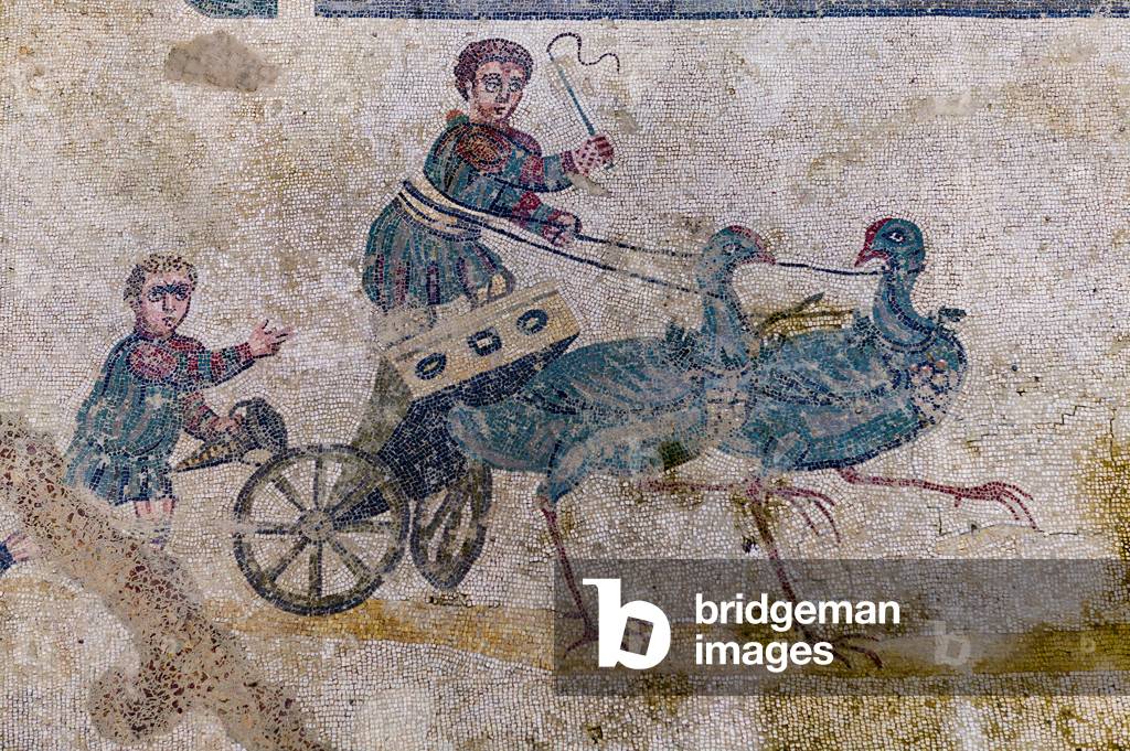 Chariot race with charts pulled by birds (mosaic)