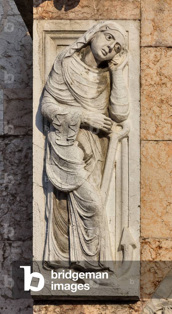 Ssculpture of the main portal prothyrum, Cathedral of Piacenza, Piacenza, Emilia-Romagna, Italy (photo)