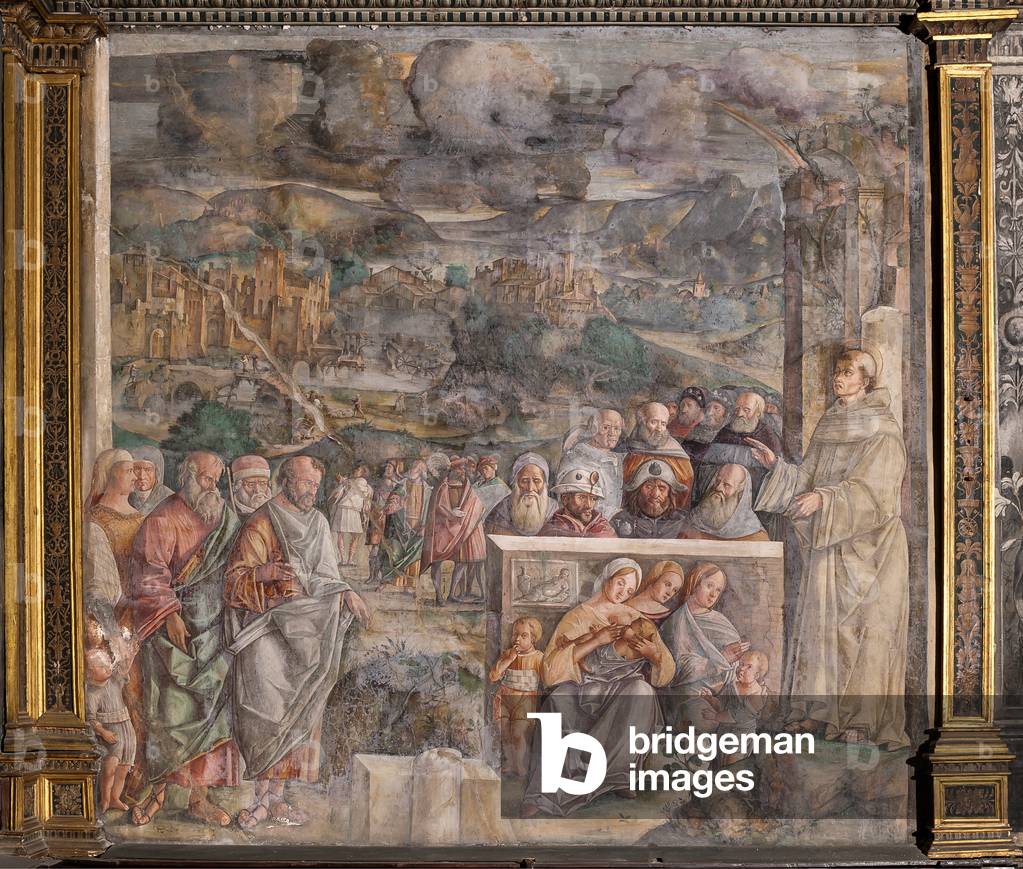 St Anthony arriving in Padua, where he restores peace between the citizens with the strength and sweetness of his preaching, School of the Saint, 1509 (fresco)