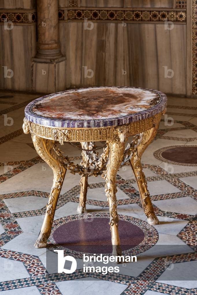 Palermo, The Royal Palace or Palazzo dei Normanni (Palace of the Normans), Pisana Tower, the King Roger Room (Room was commissioned by King Roger II d'Altavilla): small table