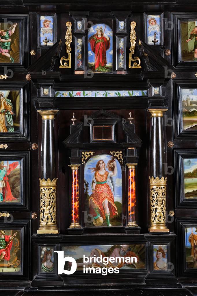Detail with Judith and Holofernes, The Monetiere: wooden cabinet with an ebony veneer, and inlays in tortoise, red lacquers and gilded bronze; painted glass panels with biblical, mythological and allegorical scenes