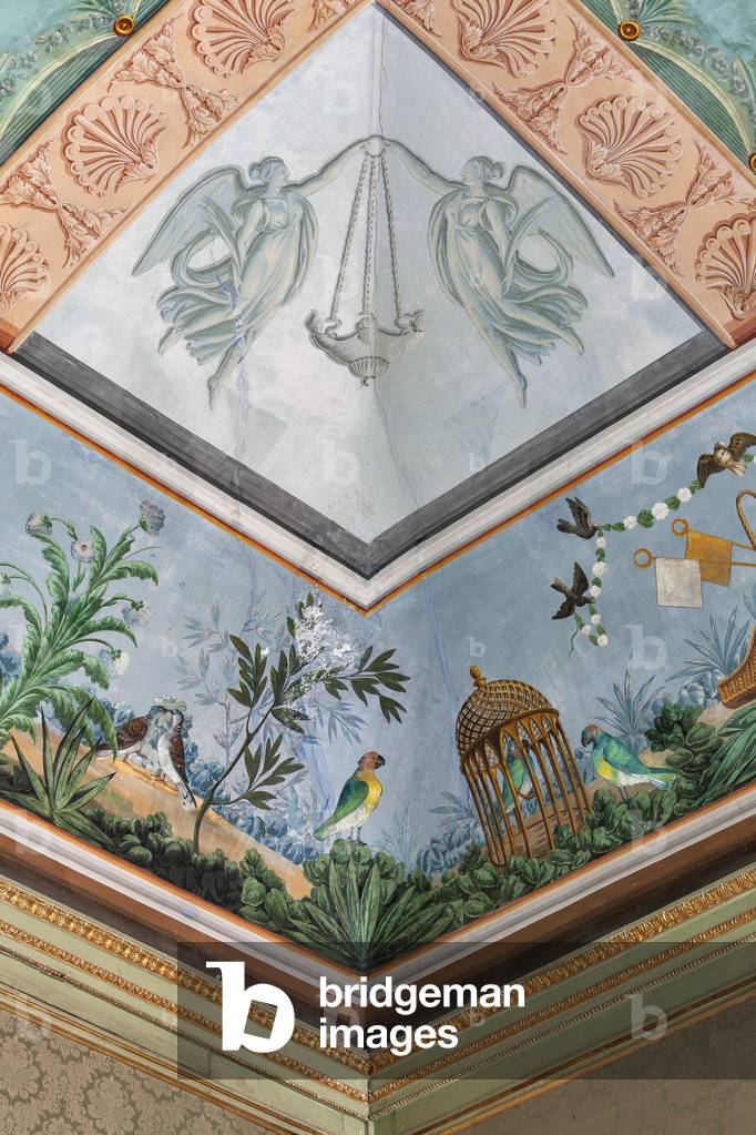 Parrots, a cage and flowers, detail of 3743687 (fresco)