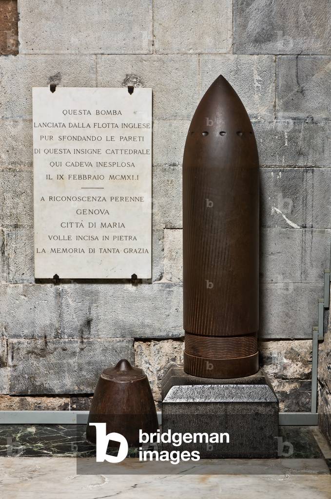Genoa, Duomo (St Lawrence Cathedral), inside, the Southern aisle, southern wall: Copy of the shell bomb that hit the Cathedral on February 9, 1941 failing to detonate