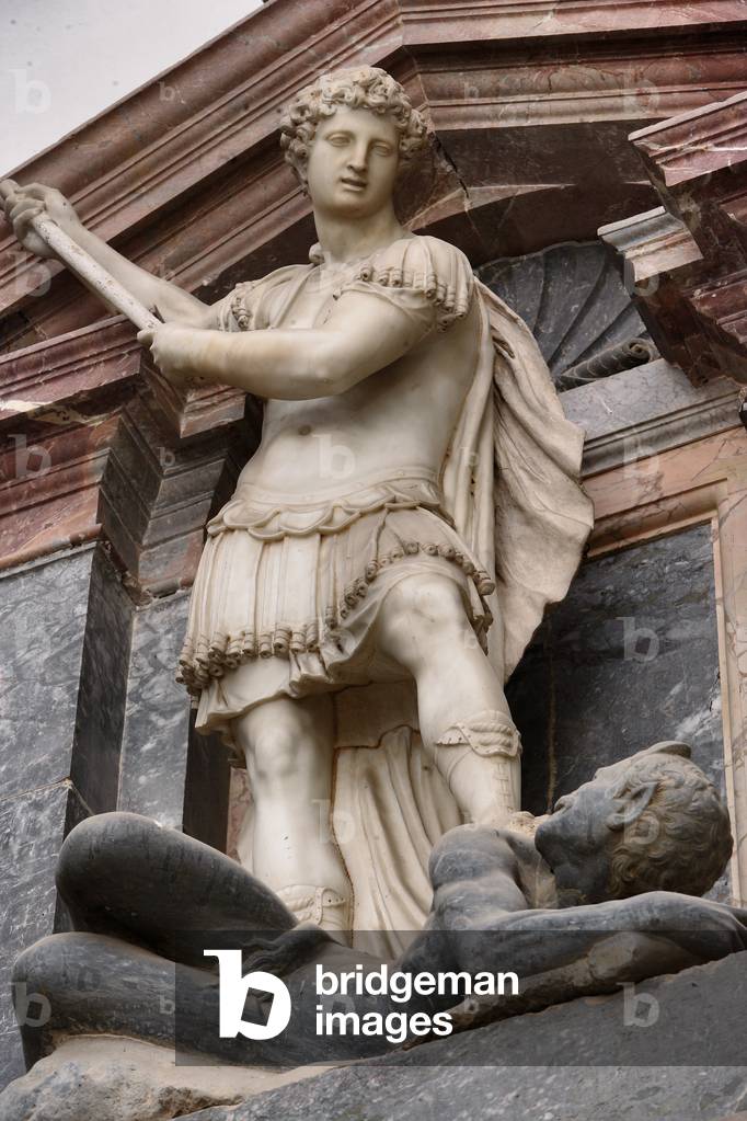 Statue of St. Michael defeating the devil, detail of the Mausoleum of St. Pius V (marble)