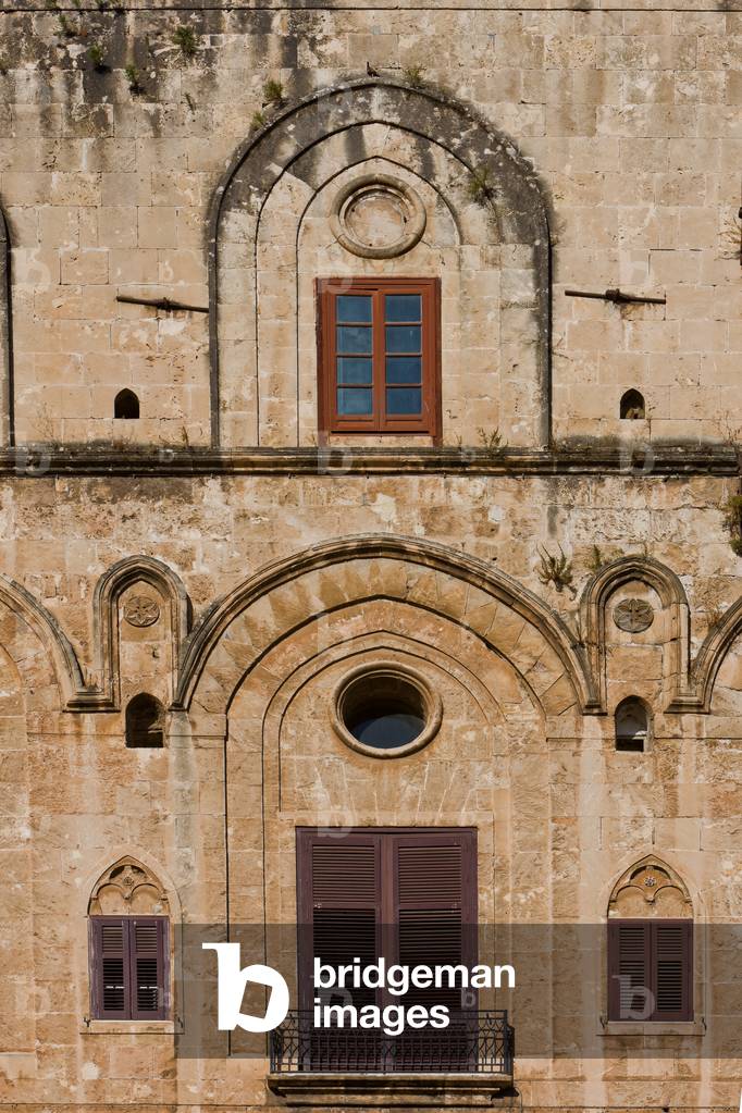 View of the North-East Facade of the Pisan Tower, Architectural detail, The Royal Palace or Palazzo dei Normanni (Palace of the Normans), Palermo, Sicily, Italy (photo)