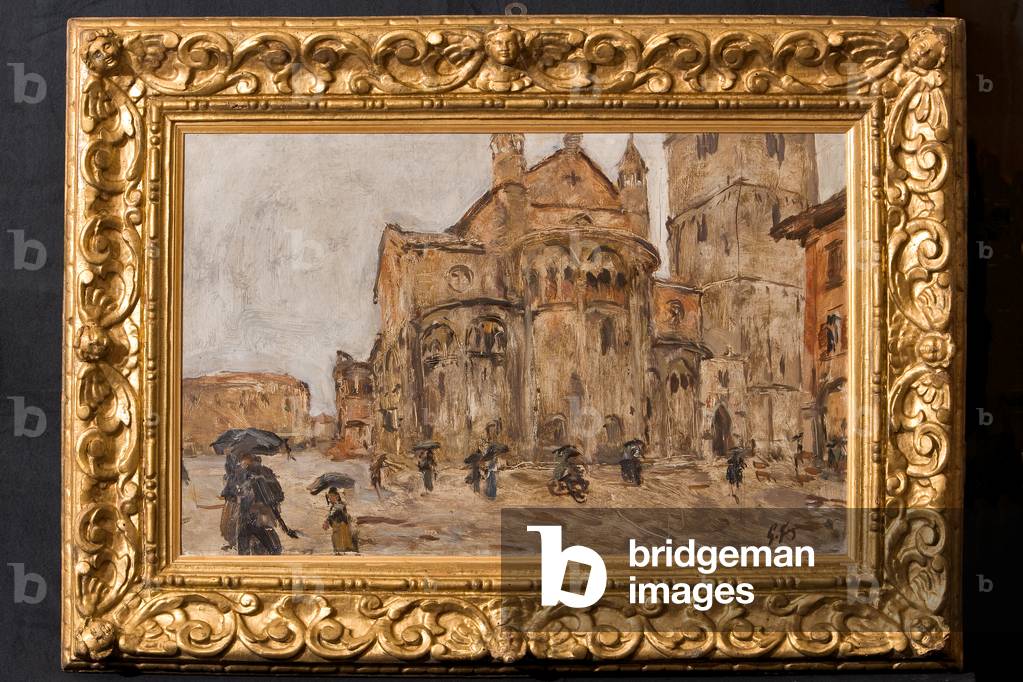 Piazza Grande in the Rain (oil on plywood)