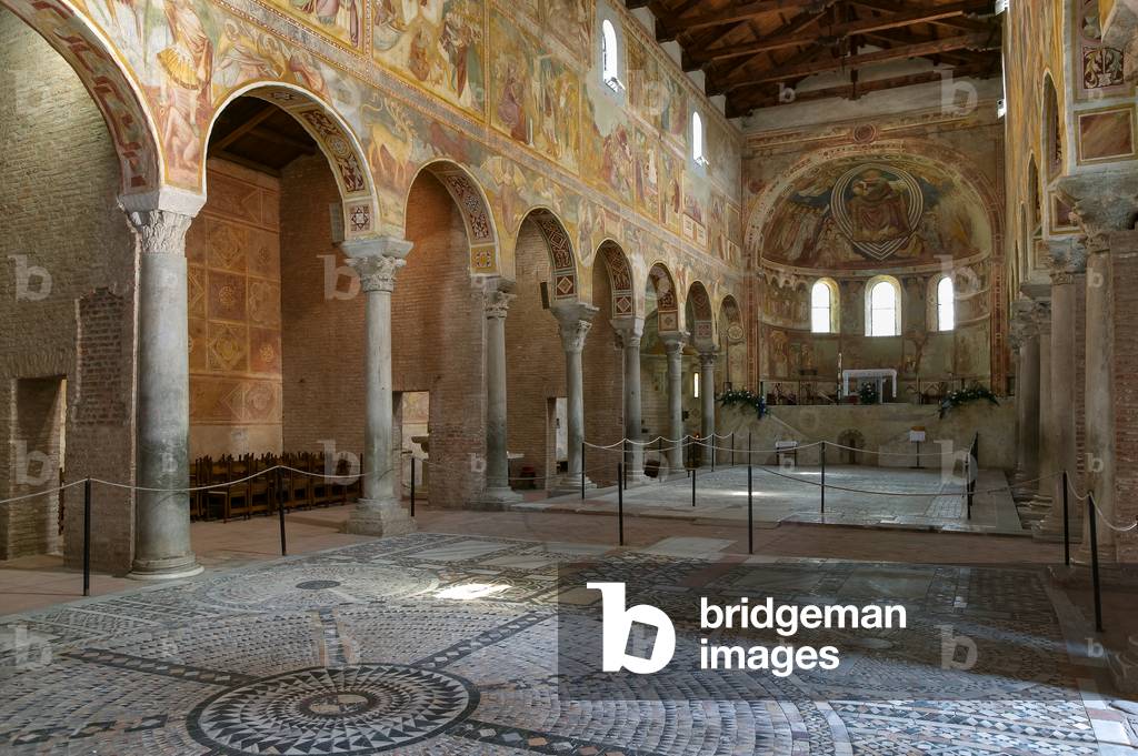 View of the interior and the opus sectile floor of the Basilica of Santa Maria, Pomposa Abbey, Codigoro, Ferrara, Emilia Romagna, Italy (photo)