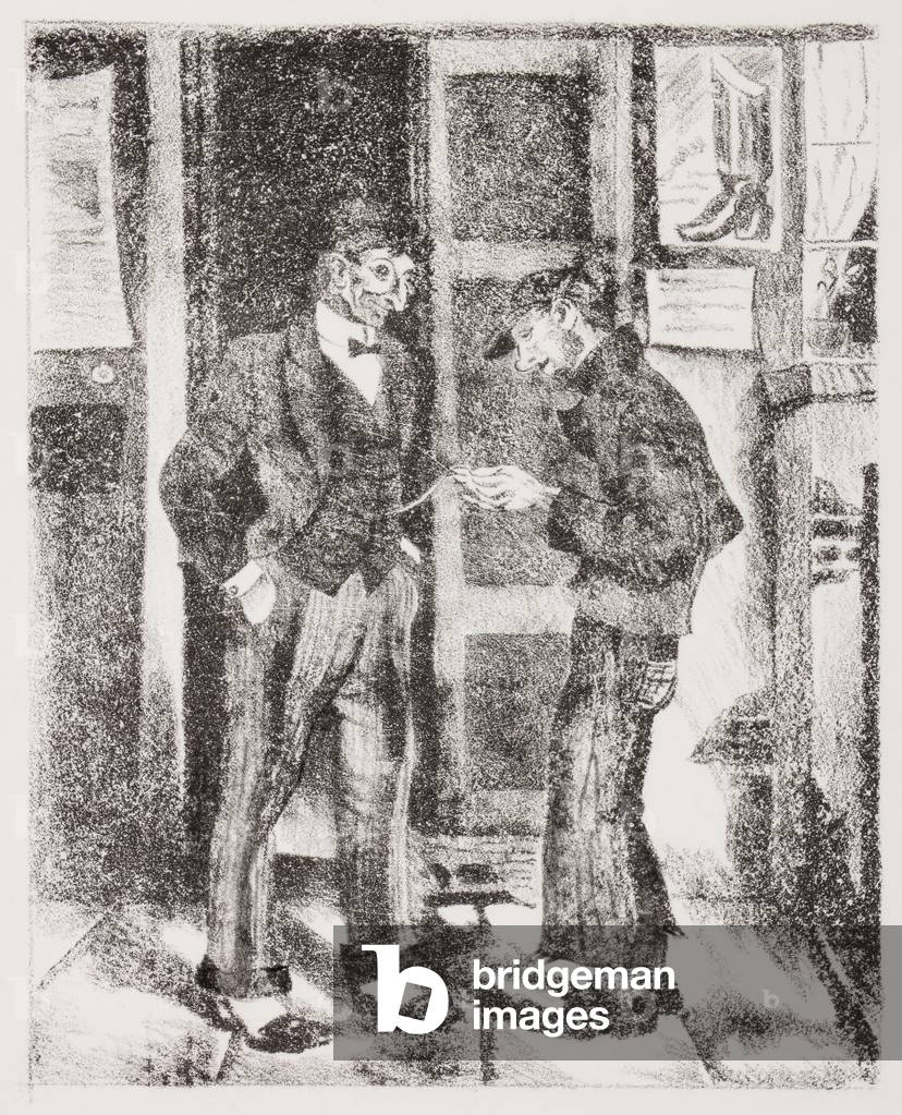 Boy looking at a gentleman's pocket watch (lithograph)